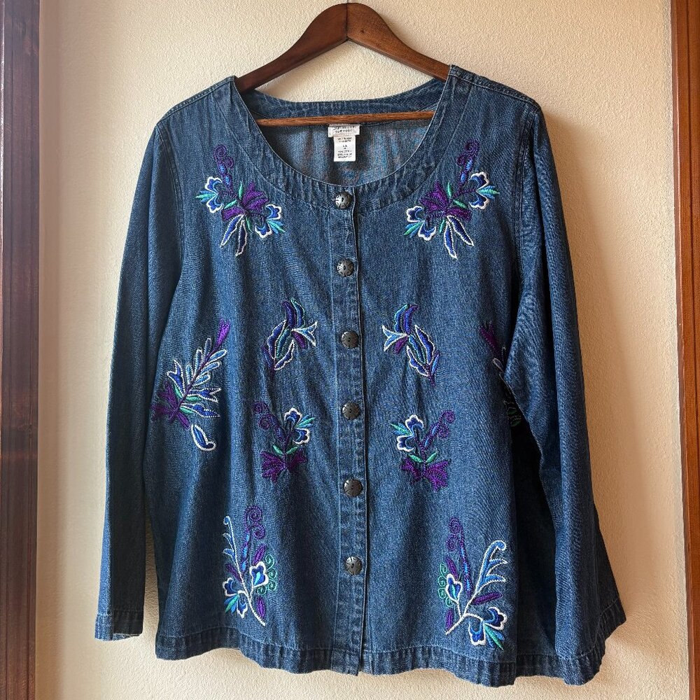 Denim Jacket Jeans Jacket Embroidered Floral Purple Button Front Cotton Size XL